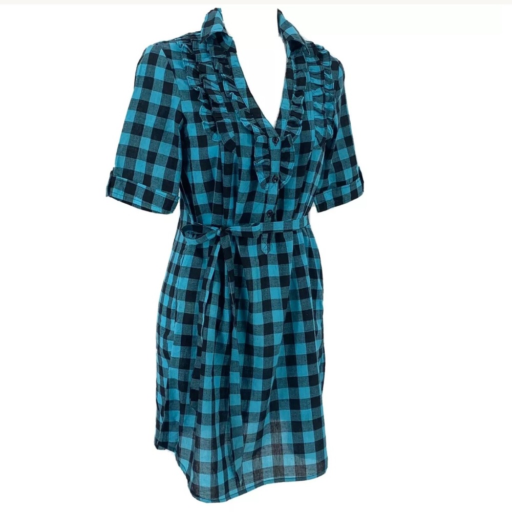 VINTAGE 90’s Dress S/S Plaid Tuxedo Ruffle: SZ. M